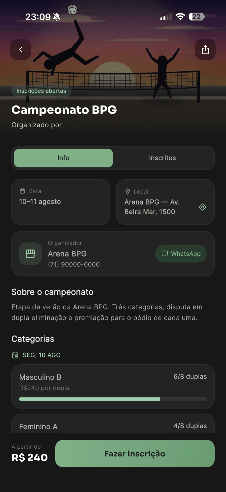 Tela de um campeonato de areia com a capa do evento, data, local, contato do organizador e as categorias com vagas e valor por dupla