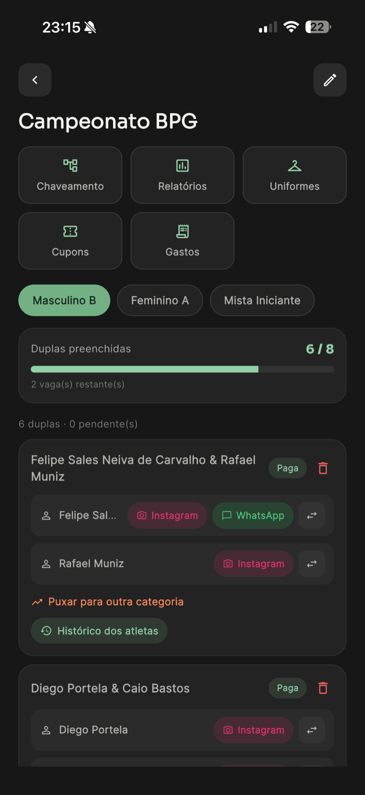 Gestão de um campeonato com atalhos para chaveamento, relatórios, uniformes, cupons e gastos, a ocupação das vagas e as duplas inscritas com a situação de pagamento